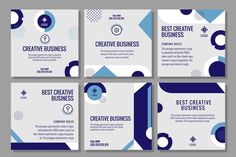 four different business cards with blue and white circles on them, one is for creative business