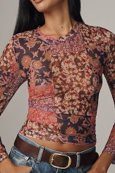 Polyester, elastane Pullover styling Hand wash Imported | Kona Mock-Neck Top by Porridge in Pink, Women's, Size: Medium, Polyester/Elastane at Anthropologie Fitted Floral Print Top With Long Sleeves, Fitted Long Sleeve Floral Print Top, Stretch Floral Print Tops For Layering, Fitted Floral Print Top For Layering, Spring Floral Print Elastane Tops, Spring Floral Print Tops, Floral Print Stretch Crew Neck Top, Stretch Floral Print Crew Neck Top, Black Mock Neck