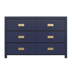 a blue dresser with gold handles and drawers