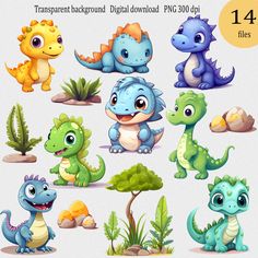 the different types of dinosaurs are shown in this set, including one blue and one green