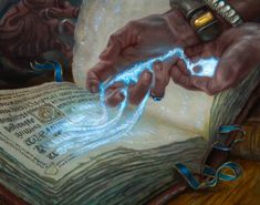 a painting of two hands holding an open book with blue light coming out of it