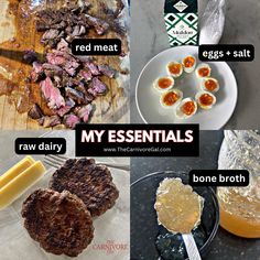 an assortment of foods that include meat, eggs and salt are shown in this collage