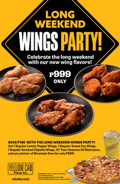 an advertisement for wing's party with chicken wings and pizza