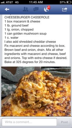 the recipe for cheeseburger casserole is displayed on an iphone screen,