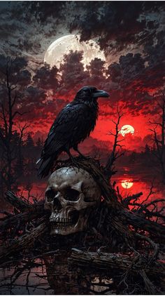 a crow sitting on top of a human skull