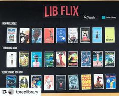 a black board with various books on it and the words lib flix written in red