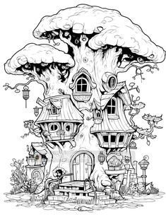 a drawing of a tree house with lots of windows