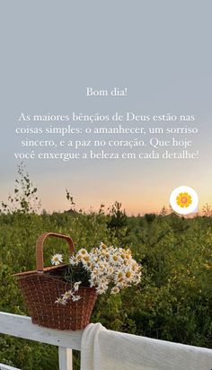 a basket filled with flowers sitting on top of a wooden bench next to a field