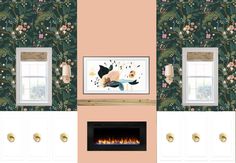 a living room with floral wallpaper and fireplace in the center, along with pictures on the wall