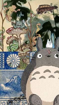 a drawing of a totoro sitting on top of a blue and white background