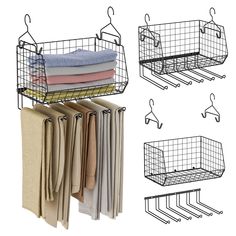 three wire baskets with towels hanging on hooks and folded linens next to each other