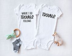 ** Quick Sizing Tip ** Baby ONESIES® Brand Bodysuits tend to run very small so we recommend sizing up for a better fit and to give baby longer wear time because they grow so fast. Toddler shirts are true to size. 📋 HOW TO ORDER: ✧ Choose Baby ONESIES® Brand Bodysuit or shirt size (sizing chart below) and sleeve length ✧ Select design color if applicable ✧ For personalized designs - enter customization in "Add your personalization" field ✧ ADD TO CART ✧ Select from our shipping class options (al Family Matching White Bodysuit For Gender Reveal, White Family Matching Bodysuit For Playtime, Family Matching White Onesie With Graphic Print, Family Matching Graphic Print White Onesie, Playful Printed White Onesie, Playful White Onesie With Funny Print, Printed White Onesie For Playtime, Twin Pregnancy Reveal, Twin Baby Clothes