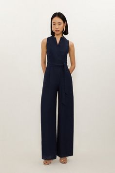 Premium Tailored Linen Notch Neck Belted Straight Leg Jumpsuit | Karen Millen Elegant Jumpsuit Classy, Modern Corporate Attire Women, Wedding Guest Jumpsuit, Workwear Jumpsuit, Law Fashion, Jumpsuit Wedding, Corporate Outfit, Workwear Capsule Wardrobe, Plus Size Workwear