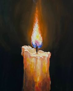 a painting of a lit candle on a black background