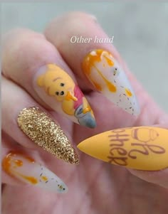 Winnie The Pooh Halloween Nails, Winnie The Pooh Nails Acrylic, Winnie The Pooh Nails, Margarita Nails, Pooh Nails, Trip Nails, Winnie The Pooh Halloween, Cartoon Nails, Classy Acrylic