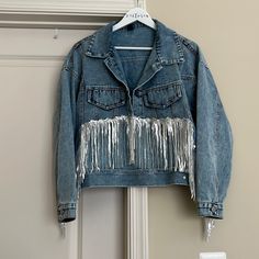 Never Worn Jacket From Shein - Cropped In The Front With Sequins Trendy Fringed Denim Jacket For Spring, Trendy Fringe Denim Jacket For Spring, Spring Denim Jacket With Fringe, Trendy Denim Jacket With Fringe, Casual Medium Wash Outerwear With Fringe, Casual Fringe Denim Jacket For Spring, Casual Denim Outerwear With Fringe, Trendy Denim Outerwear With Fringe, Trendy Fringe Denim Jacket