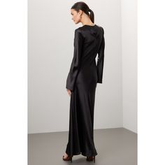 Black satin (100% Polyester). Shift. Long sleeves. Crewneck. Back Zipper Closure. 58" from shoulder to hemline. Imported. Rent The Runway, Satin Gown, Closet Designs, Black Satin, Slip Dress, Black Dress, Long Sleeves, Satin, Crew Neck