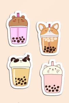 four stickers with different types of drinks in them on a pink background, one has an animal face and the other has a cat's head