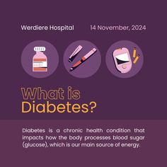 Diabetes is a chronic condition that affects how your body processes blood sugar (glucose), which is essential for energy. There are two main types: Type 1, where the body doesn’t produce insulin, and Type 2, where the body becomes resistant to insulin or doesn’t produce enough. High blood sugar levels can lead to serious health complications, including heart disease, nerve damage, and kidney problems. Managing diabetes involves a balanced diet, regular exercise, and, in some cases, medication or insulin therapy. Understanding the symptoms, causes, and treatments can help prevent complications and promote a healthier life.

#DiabetesAwareness #HealthyLiving #BloodSugarControl #DiabetesManagement #StayHealthy