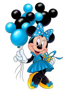 a cartoon mickey mouse holding balloons and wearing a blue hat with polka dots on it