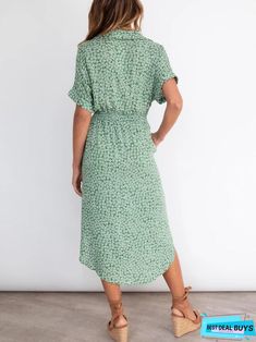 Short Sleeve Holiday Printed Midi Dress Casual Green V-neck Shirt Dress, Green Mid-length Mini Dress For Spring, Casual Maxi Length Wrap Dress With Tie Waist, Casual Maxi Wrap Dress With Tie Waist, Green Non-stretch V-neck Midi Dress, Green V-neck Wrap Dress For Spring, Flowy Midi Shirt Dress, Casual Style, Flowy Midi-length Casual Shirt Dress, Non-stretch Midi Dress For Spring Vacation