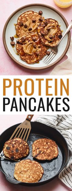 pancakes on a pan with the words protein pancakes