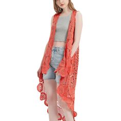 Add a touch of boho chic to your wardrobe with the Bohemian Crochet Lace Vest. This lightweight, open-front sleeveless cardigan features a stunning cut-out flower lace design, an asymmetric hem, and a loose, oversized fit that flatters all body types. Crochet Lace Vest, Crop Denim Vest, Bohemian Crochet, Long Cardi, Denim Vests, Floral Corset, Lace Vest, Corset Lace, Sleeveless Cardigan