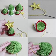 crocheted christmas tree ornaments are being worked on