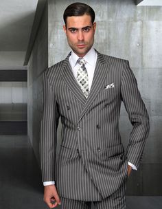 Statement All Wool Double Breasted Suit Grey Stripe DB-Zarelli. There are double breasted suits and then there are fine all Wool double breasted suits in a regular fit by Statement. These hand-made Italian all-wool suits have that classic fit and 6 button double breasted style that simply shows that You have style and aren't afraid to show it. This grey bold stripe double breasted Italian wool suit features hand stitching, double vents in the grey, and pleated front style lined slacks all made o Italian Suit, Statement Outfit, Waist Jacket, Pinstripe Suit, Fitted Suit, Double Breasted Jacket, Pleated Pants, Wool Suit, Double Breasted Suit