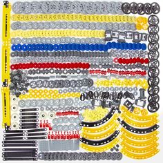 an assortment of bracelets and necklaces are displayed on a white surface with black, yellow, red, and blue beads