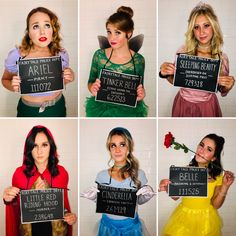 six photos of women dressed in costumes and holding signs that read ariel, tinkerbell, alice, peter panto