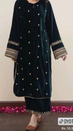 Velvet Pakistani Dress, Velvet Palazzo, Mirror Work Dupatta, Trouser Suit, Dark Green Color