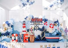 an ocean themed birthday party with balloons and decorations on the walls, along with nautical theme