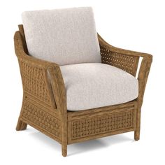 an image of a chair that is made out of wood and wicker with a white cushion