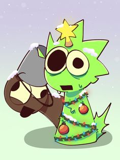 a cartoon character holding a christmas tree