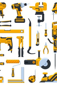 a collection of tools that are yellow and black on a white background, including drillers, screwdrivers, hammers, wrenches, pliers, etc