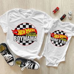 two shirts that say hot wheels and boy mama