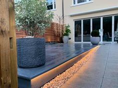 an outdoor area with plants and lights on the side of the house in front of it