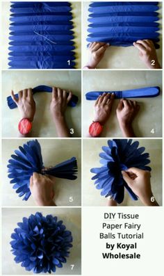 instructions to make an origami flower with blue and red paper flowers on it