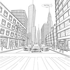 a drawing of a city street with tall buildings and people walking on the sidewalk in front of them