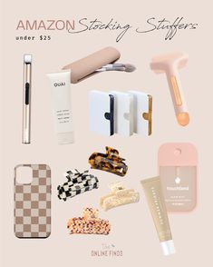 an ad for amazon showing the contents of its products, including lipstick, hairbrushes and other items