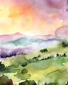 watercolor painting of green hills and trees under a purple sky with clouds in the distance