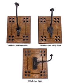 three pieces of wood with iron handles and hooks on each side, all in different styles