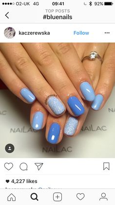 Blue Gel Nails, Nagellack Trends, Blue Acrylic Nails, Gel Nail Designs, Short Acrylic Nails, Nail Polishes, Powder Nails