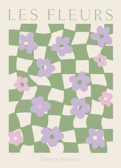 a book cover with purple flowers on green and white checkerboard background, which reads les fleurs