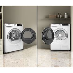 two identical images of a washing machine and dryer side by side in the same room