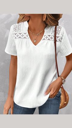 ROTITA Lace White Split Neck Short Sleeve Blouse Cheap Short Sleeve Blouse With Splicing, Cheap Women's Short Sleeve Summer Top, Cheap Short Sleeve Tops For Anniversary, Short Sleeves Blouses For Women, Summer Blouse Summer Blouses For Women Casual, Rotita Blouses, Casual Non-stretch Blouse With Lace Patchwork, White Short Sleeve Blouse With Patchwork, White V-neck Top With Patchwork