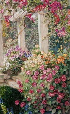 a painting of flowers and trees in a garden