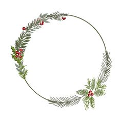 a christmas wreath with holly leaves and red berries on the side, drawn in watercolor