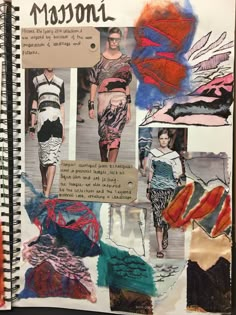 an open notebook with pictures and text on it, including images of women's clothing